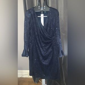 Navy Blue Beaded Lace Long Sleeve Ralph Lauren Cocktail Dress
